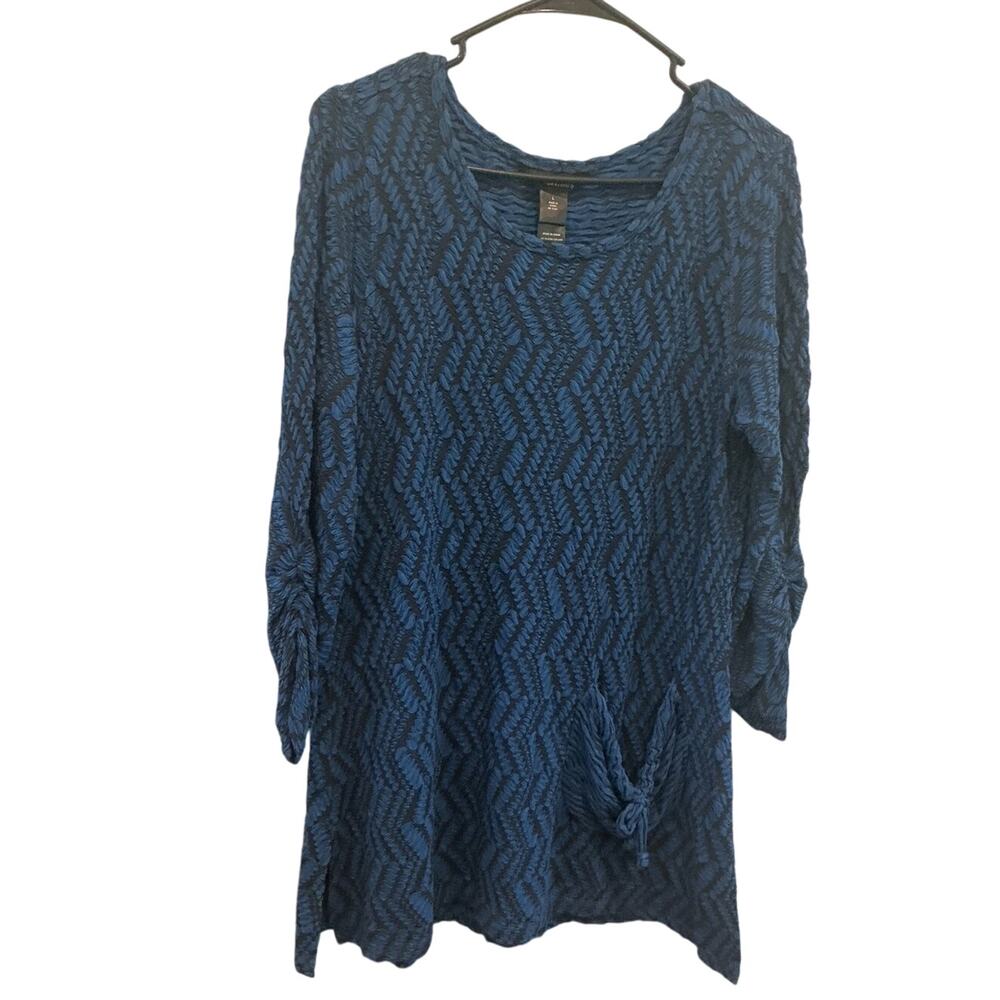 Ali Miles Womens Tunic Top Size Large Blue Black Boho Lagenlook Pocket Crinkle